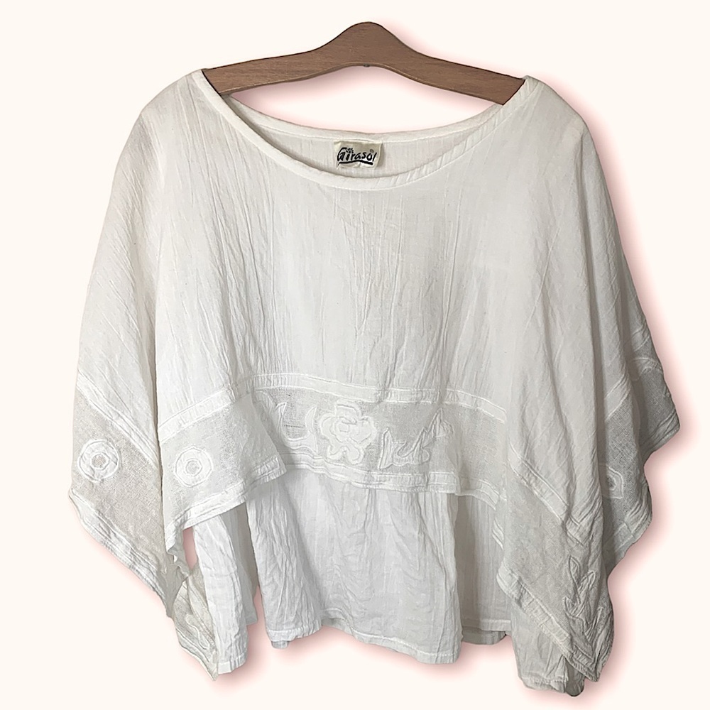 Vintage Girasol White Gause Cropped Mexican Folk Art Top​​​​​